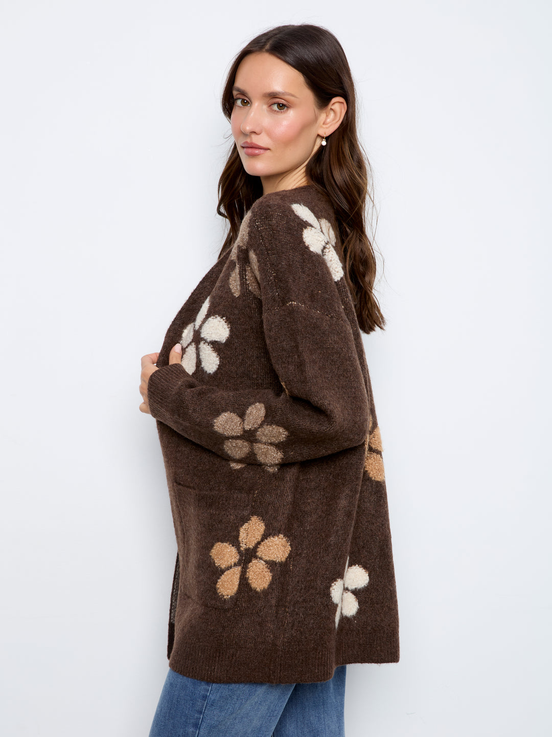 Charlie B Flower Boucle Long Sleeve Cardigan  C2029-P259  Heather Cocoa