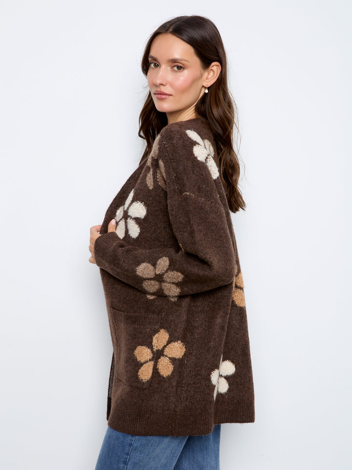 Charlie B Flower Boucle Long Sleeve Cardigan  C2029-P259  Heather Cocoa