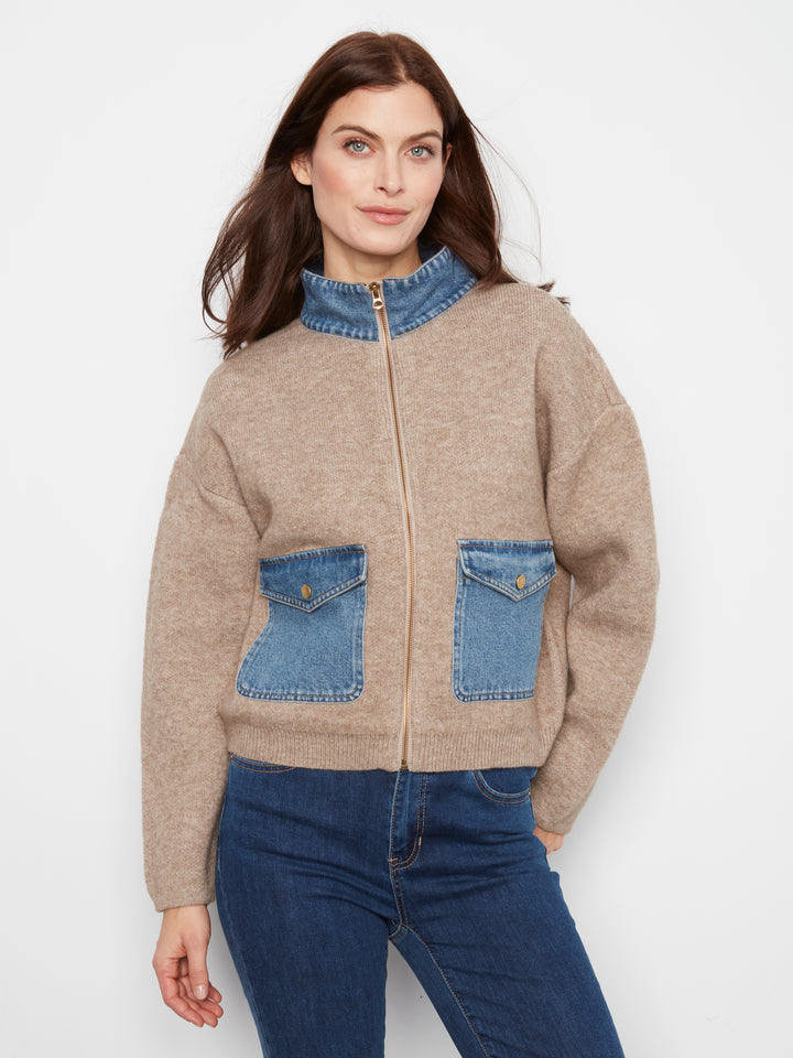 Charlie B Zippered Sweater Jacket with Denim Accents  C2045-225  Heather Sand