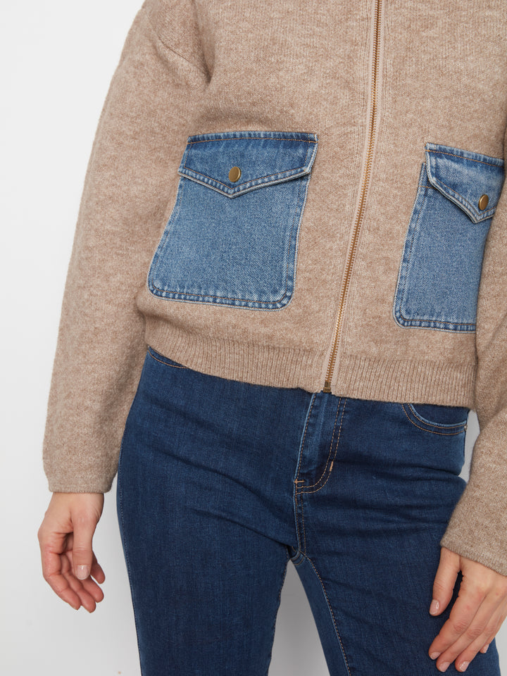Charlie B Zippered Sweater Jacket with Denim Accents  C2045-225  Heather Sand