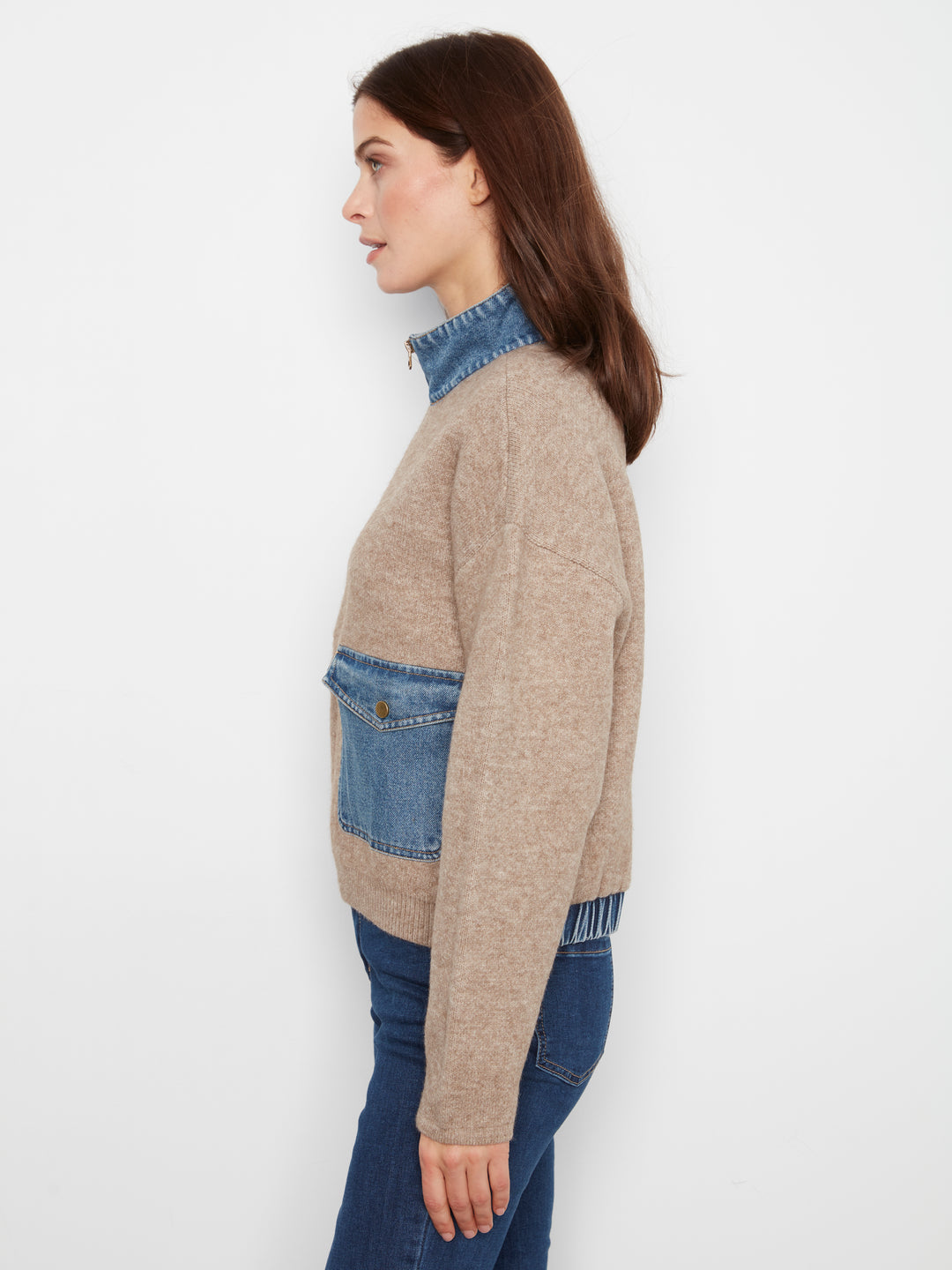 Charlie B Zippered Sweater Jacket with Denim Accents  C2045-225  Heather Sand
