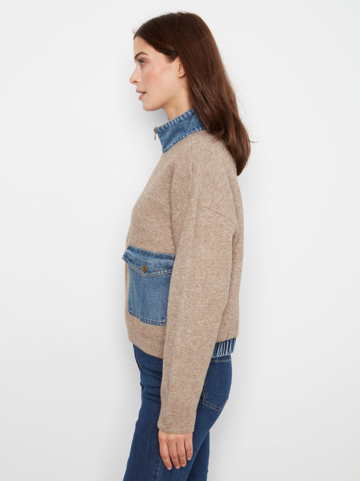 Charlie B Zippered Sweater Jacket with Denim Accents  C2045-225  Heather Sand