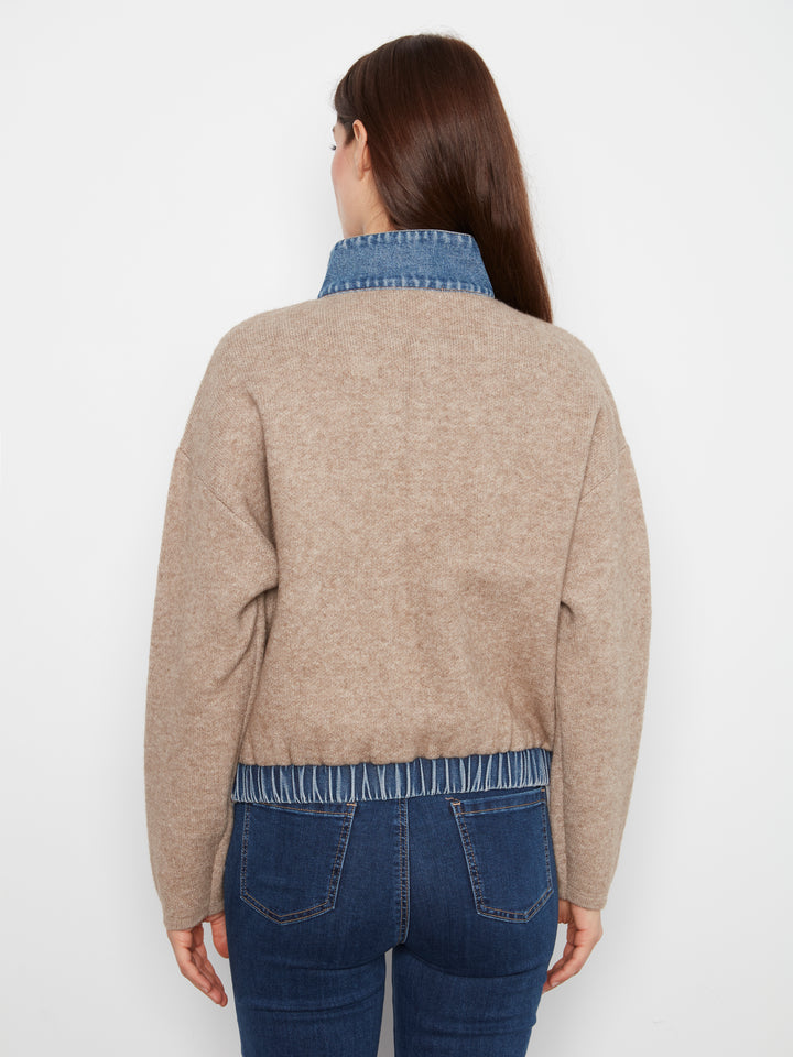 Charlie B Zippered Sweater Jacket with Denim Accents  C2045-225  Heather Sand