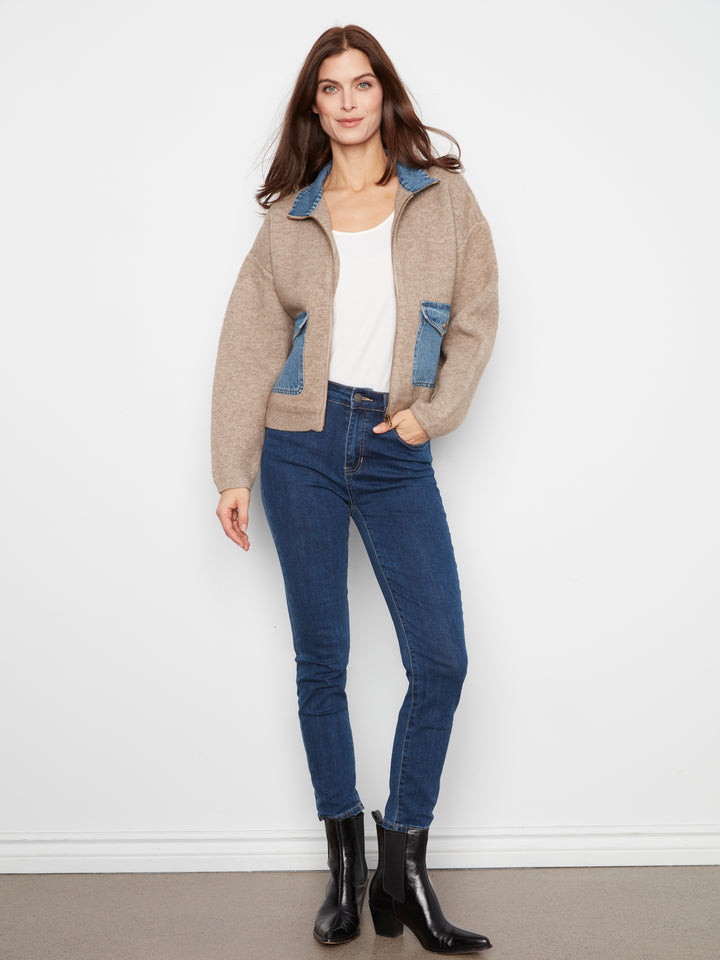 Charlie B Zippered Sweater Jacket with Denim Accents  C2045-225  Heather Sand