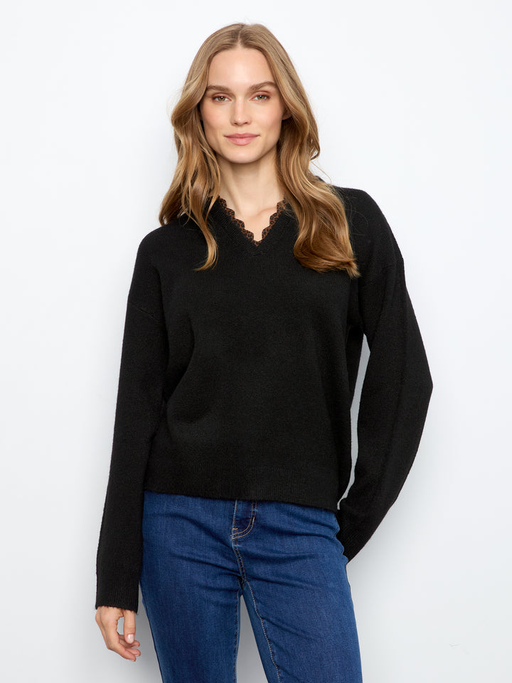 Charlie B Drop Shoulder V-Neck Sweater  C2081-001  Black