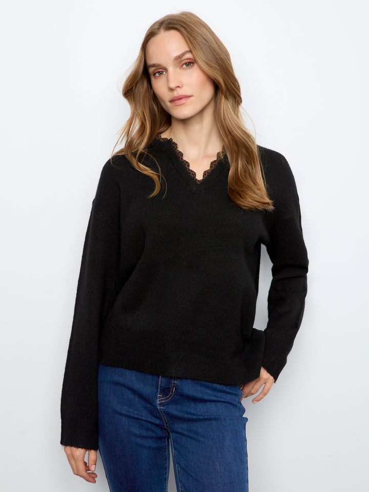 Charlie B Drop Shoulder V-Neck Sweater  C2081-001  Black