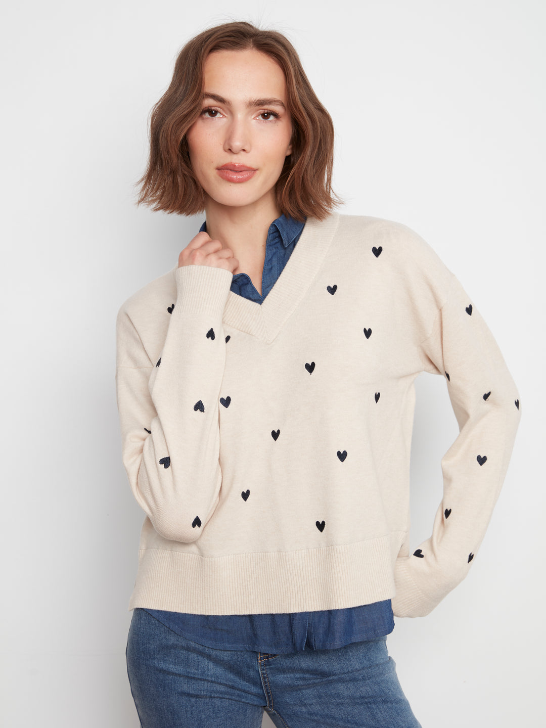 Charlie B Drop Shoulder Sweater with Shirt Collar  C2084/464A  P371  Heather Oat