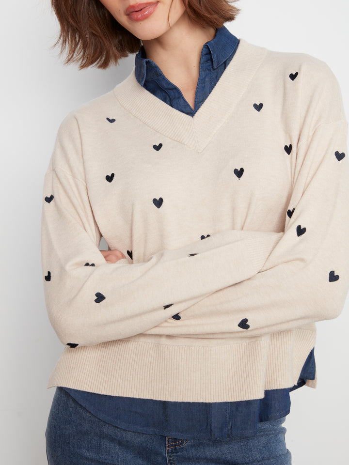 Charlie B Drop Shoulder Sweater with Shirt Collar  C2084/464A  P371  Heather Oat