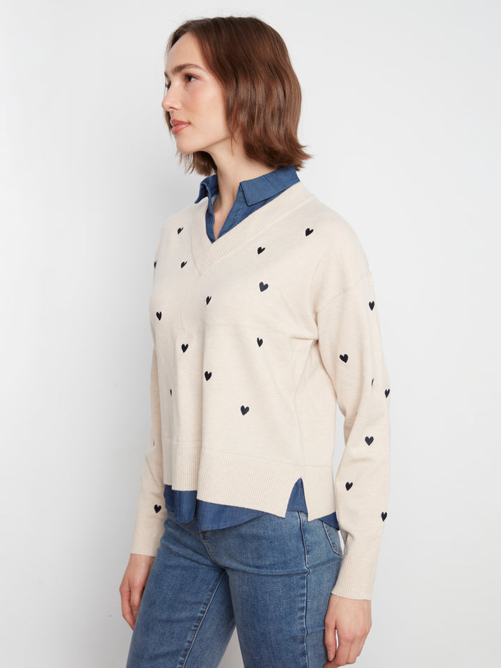 Charlie B Drop Shoulder Sweater with Shirt Collar  C2084/464A  P371  Heather Oat