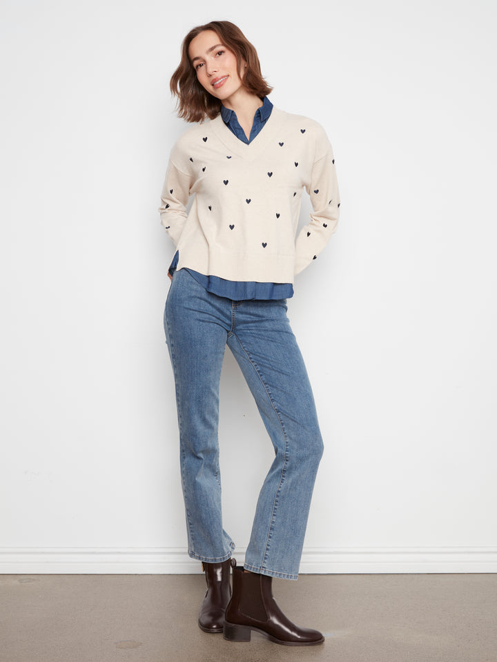 Charlie B Drop Shoulder Sweater with Shirt Collar  C2084/464A  P371  Heather Oat