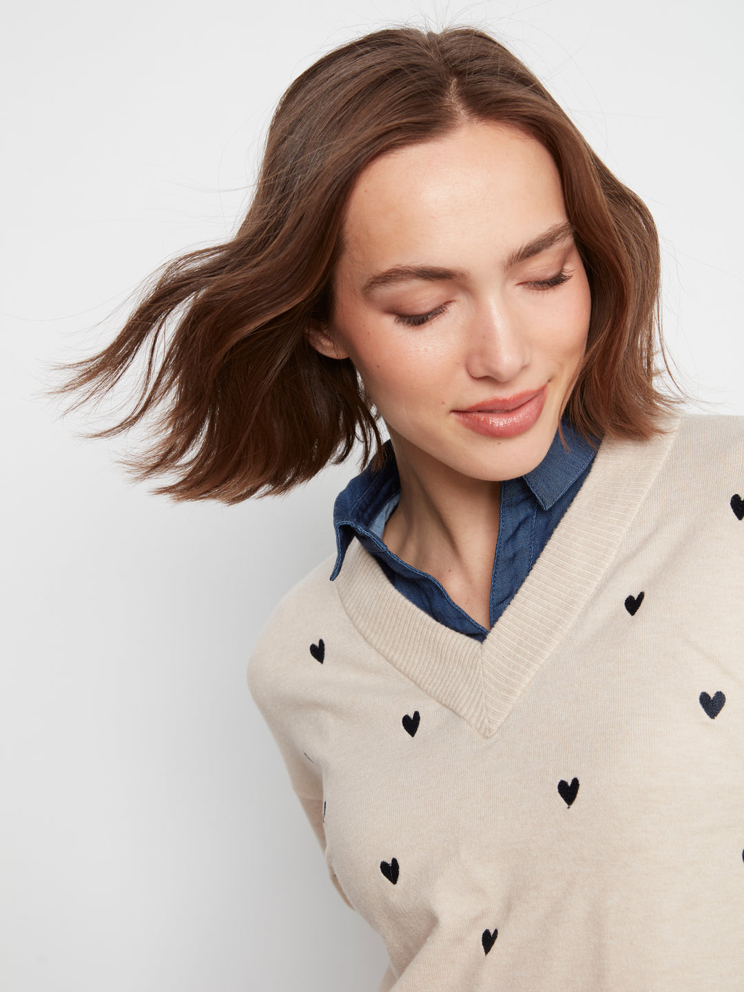 Charlie B Drop Shoulder Sweater with Shirt Collar  C2084/464A  P371  Heather Oat