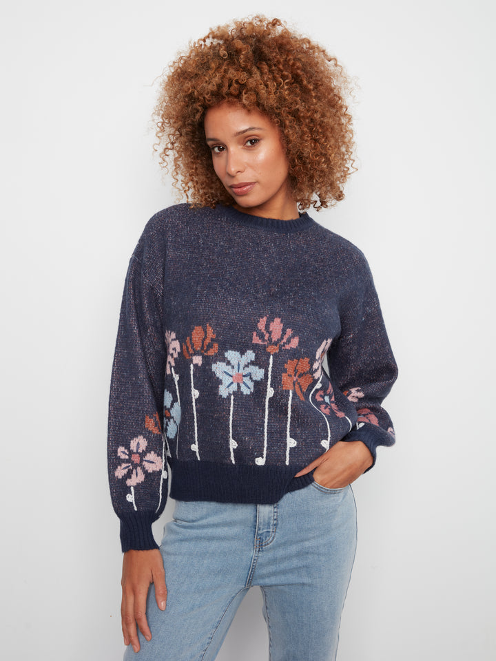 Charlie B Drop Shoulder Birdseye Jacquard Sweater  C2089-P229  Heather blue