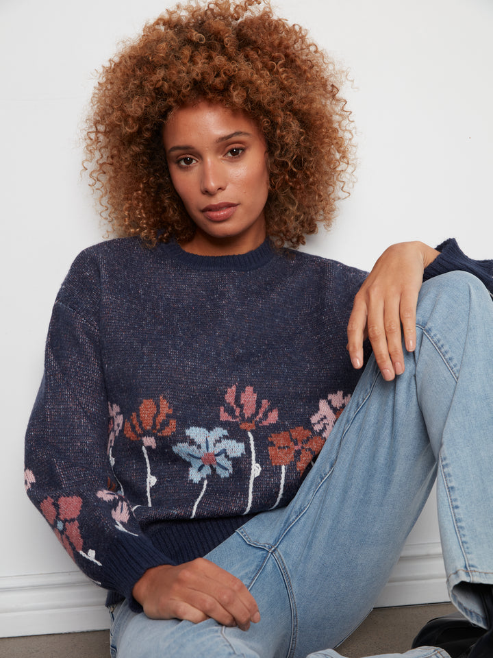 Charlie B Drop Shoulder Birdseye Jacquard Sweater  C2089-P229  Heather blue