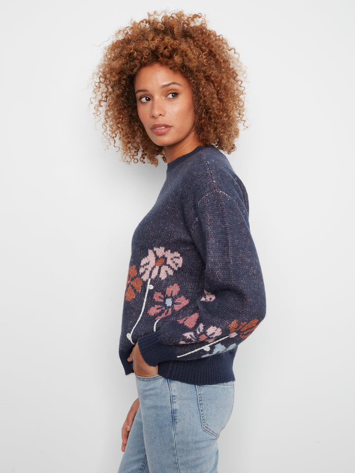 Charlie B Drop Shoulder Birdseye Jacquard Sweater  C2089-P229  Heather blue