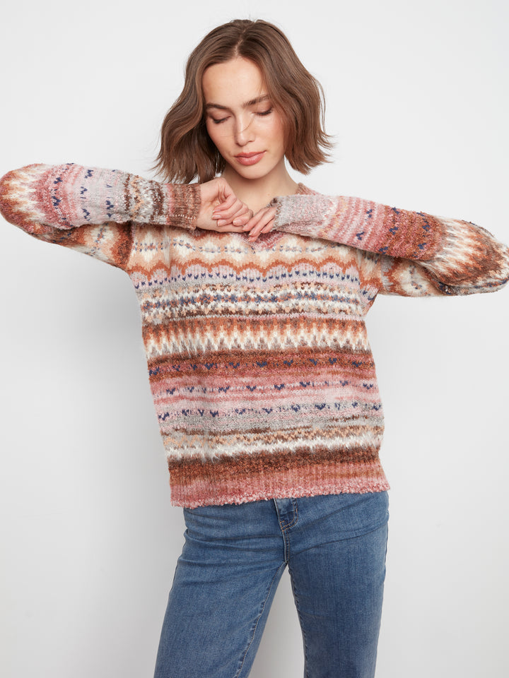 Charlie B V-Neck Space Dye Sweater  C2108-P273  Rosebud