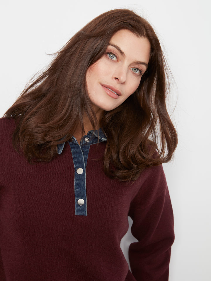 Charlie B Drop Shoulder Polo Sweater with Denim Collar  C2125-320  Merlot