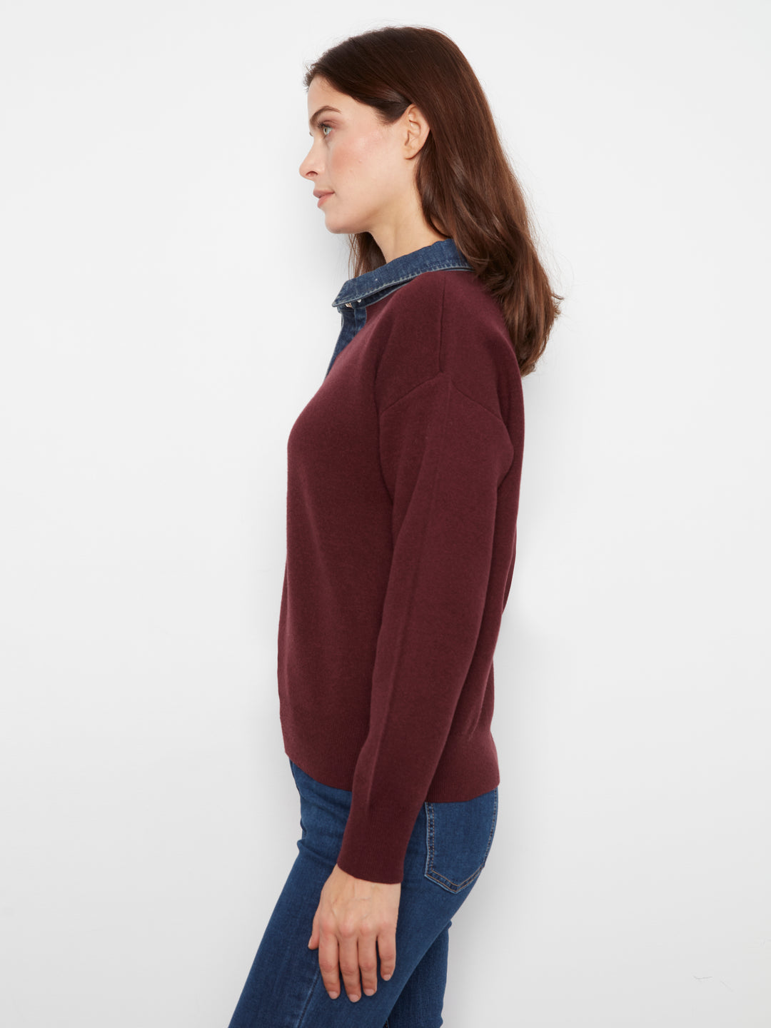 Charlie B Drop Shoulder Polo Sweater with Denim Collar  C2125-320  Merlot