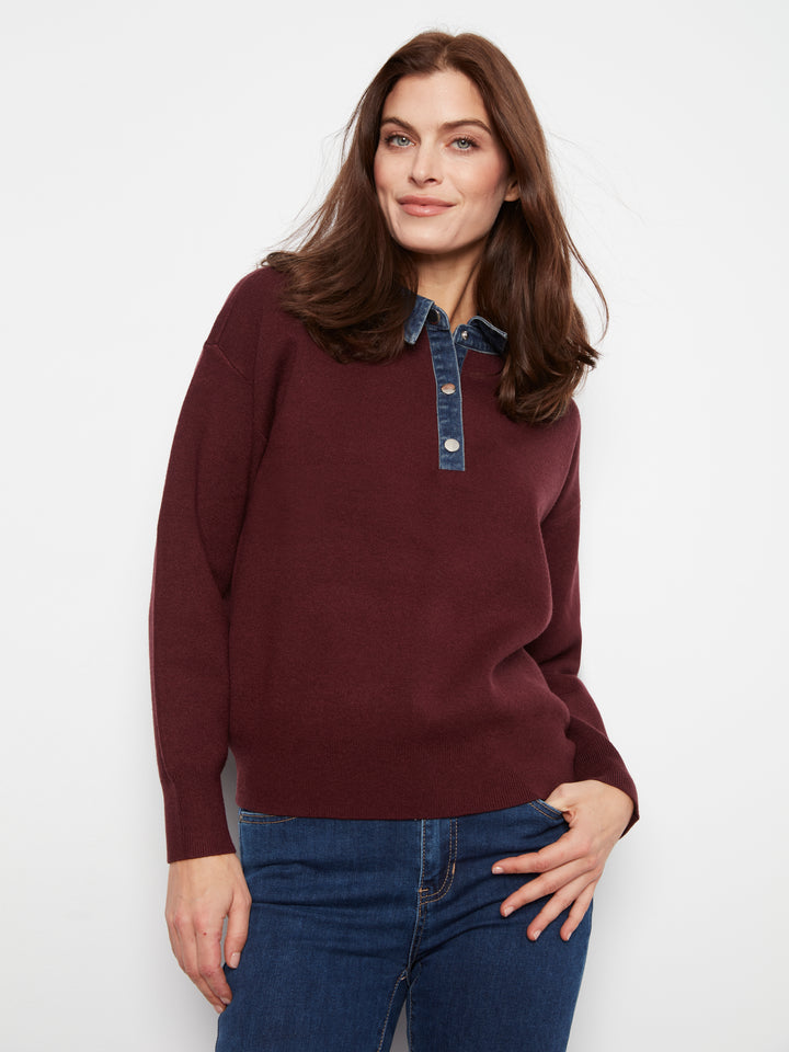 Charlie B Drop Shoulder Polo Sweater with Denim Collar  C2125-320  Merlot