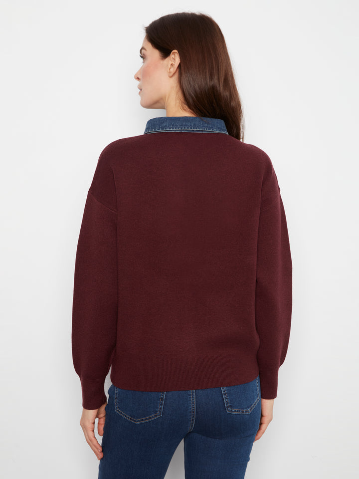 Charlie B Drop Shoulder Polo Sweater with Denim Collar  C2125-320  Merlot