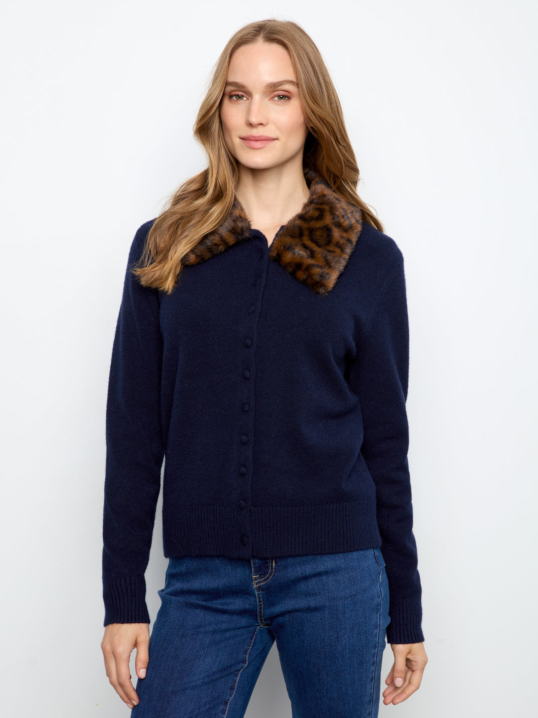 Charlie B Plushy Button Up Cardigan with Faux Fur Collar  C2138/736A  117  Navy