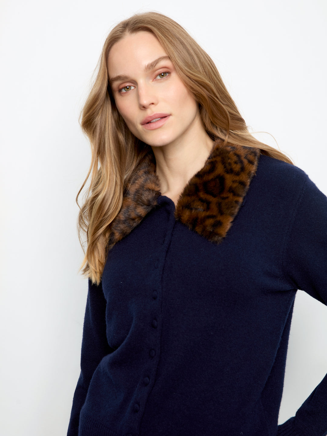 Charlie B Plushy Button Up Cardigan with Faux Fur Collar  C2138/736A  117  Navy