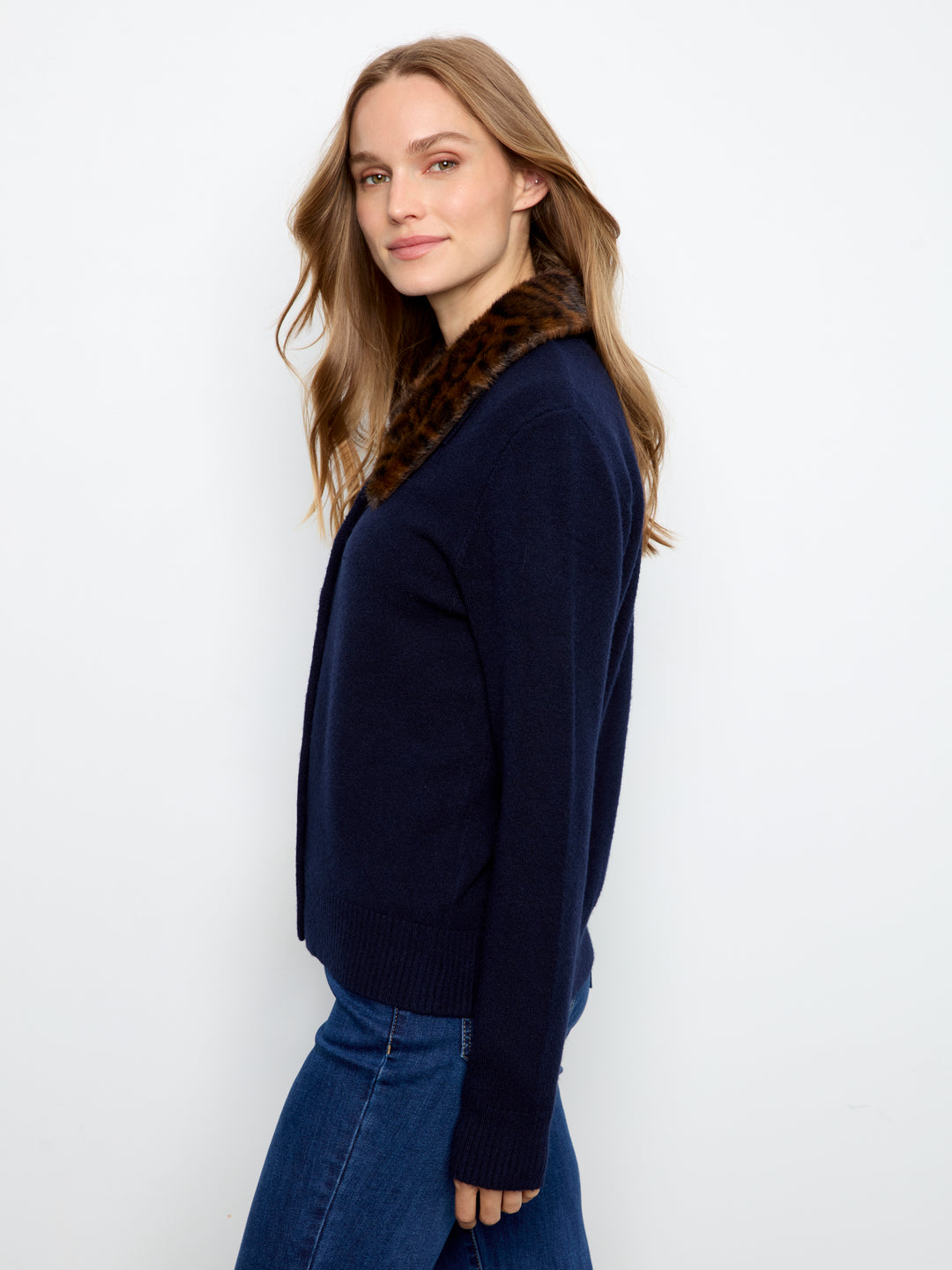 Charlie B Plushy Button Up Cardigan with Faux Fur Collar  C2138/736A  117  Navy