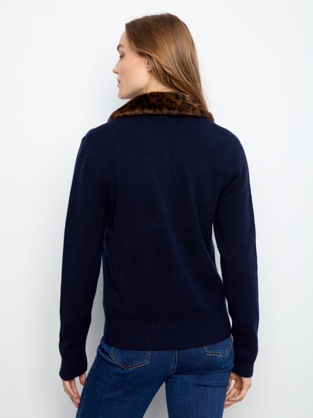Charlie B Plushy Button Up Cardigan with Faux Fur Collar  C2138/736A  117  Navy