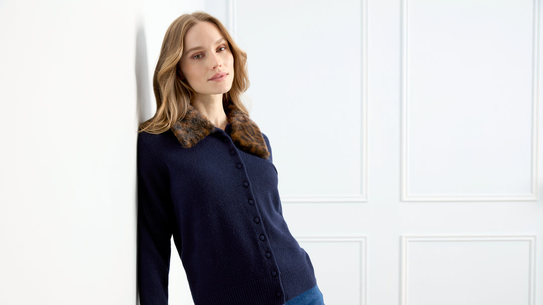 Charlie B Plushy Button Up Cardigan with Faux Fur Collar  C2138/736A  117  Navy