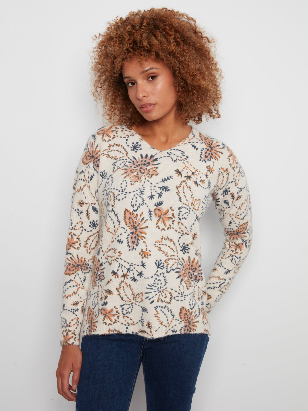 Charlie B Drop Shoulder V-Neck Sweater  C2581DR-P520  Snowflake
