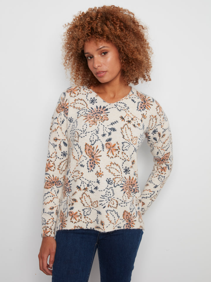 Charlie B Drop Shoulder V-Neck Sweater  C2581DR-P520  Snowflake