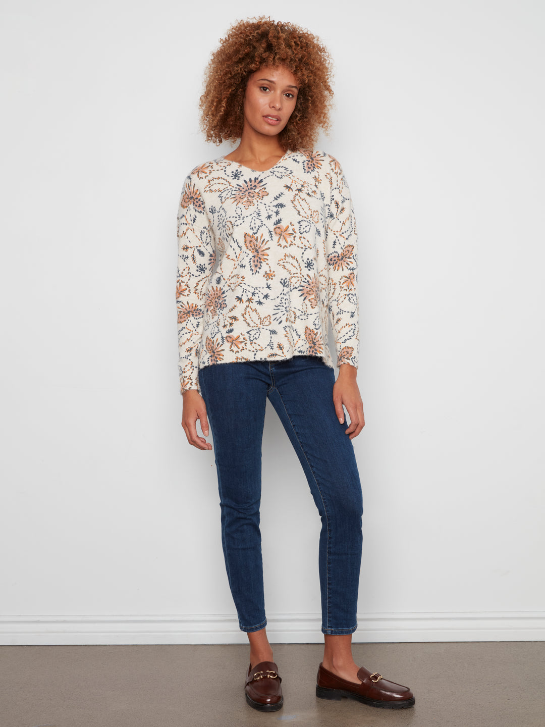 Charlie B Drop Shoulder V-Neck Sweater  C2581DR-P520  Snowflake