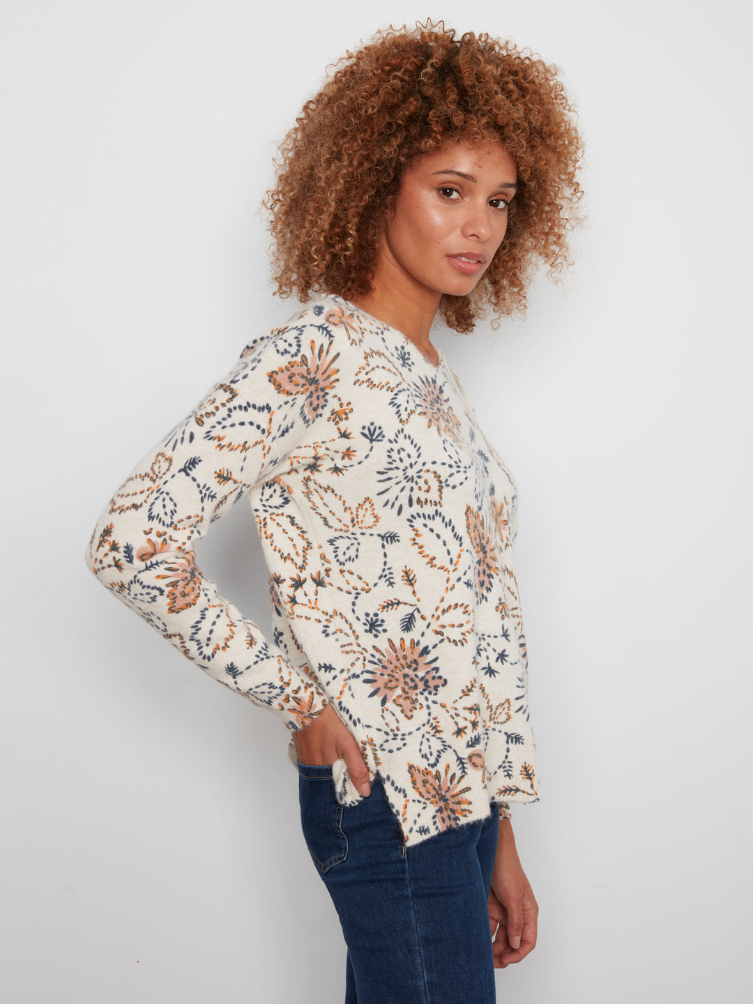 Charlie B Drop Shoulder V-Neck Sweater  C2581DR-P520  Snowflake