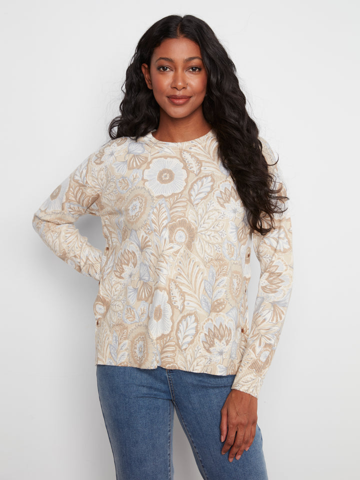Charlie B Drop Shoulder Sweater with Side Buttons  C2668/464A  P264  Bliss