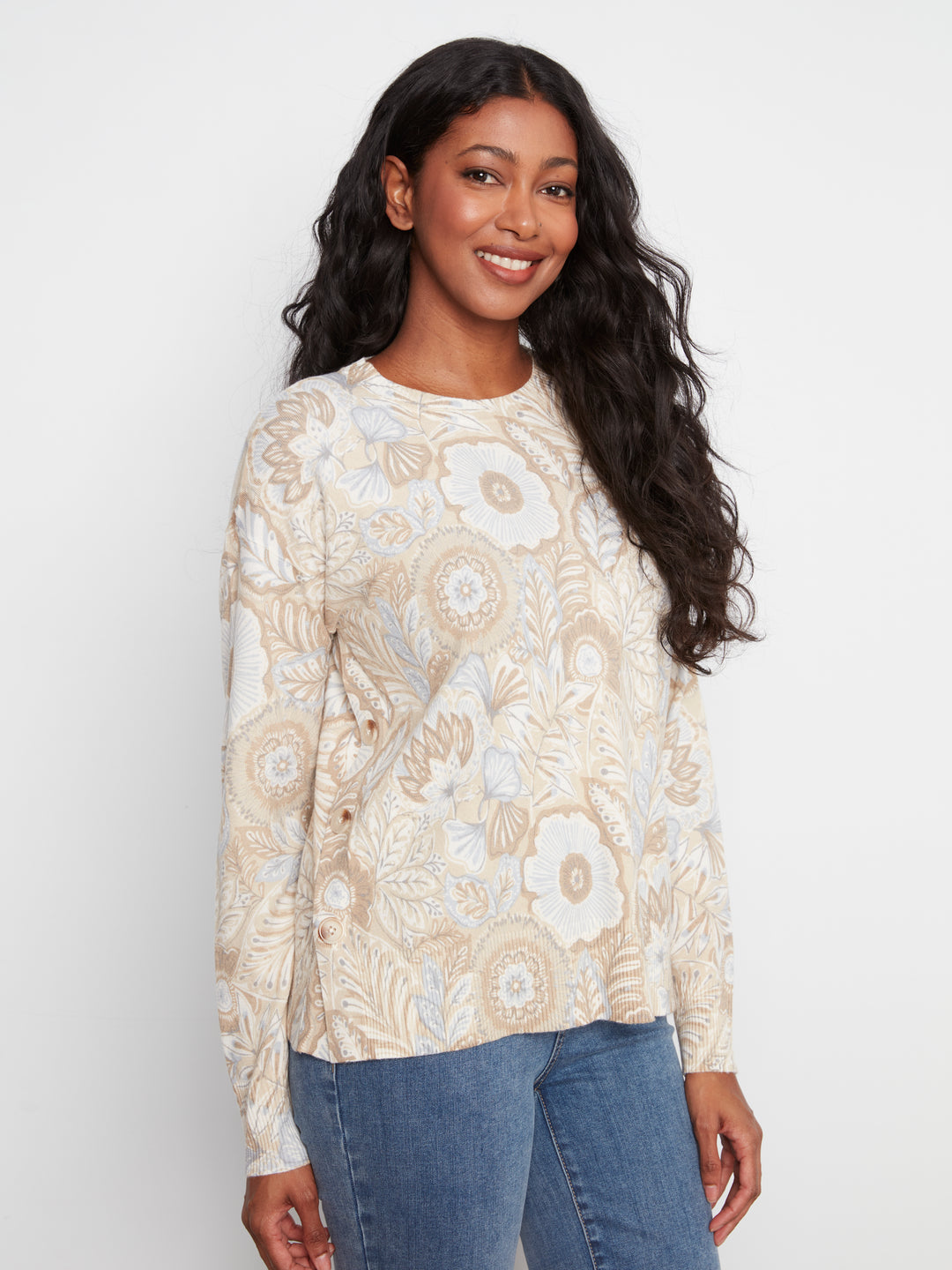 Charlie B Drop Shoulder Sweater with Side Buttons  C2668/464A  P264  Bliss