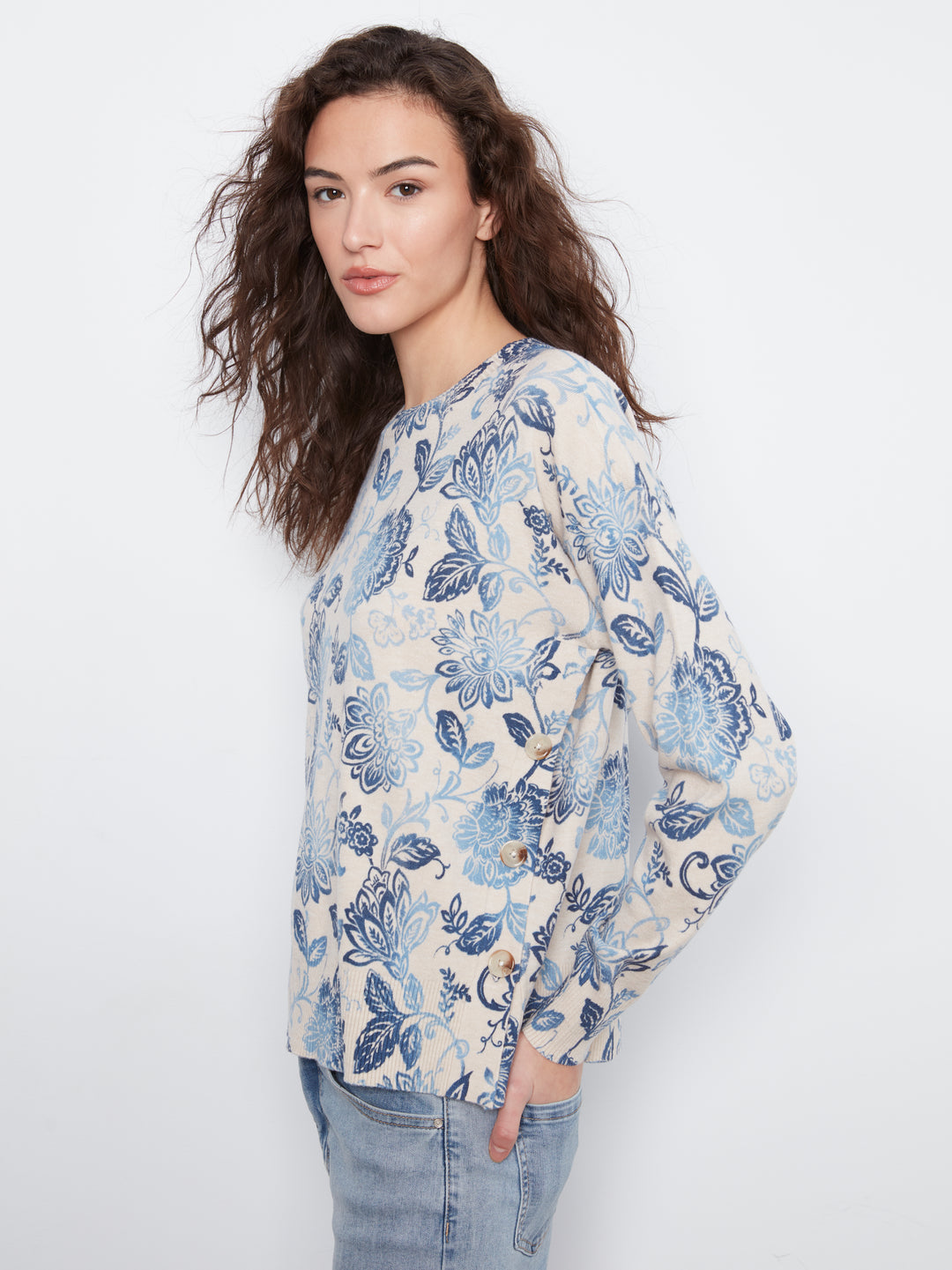 Charlie B Drop Shoulder Sweater with Side Buttons  C2668/464A  P450 Velora
