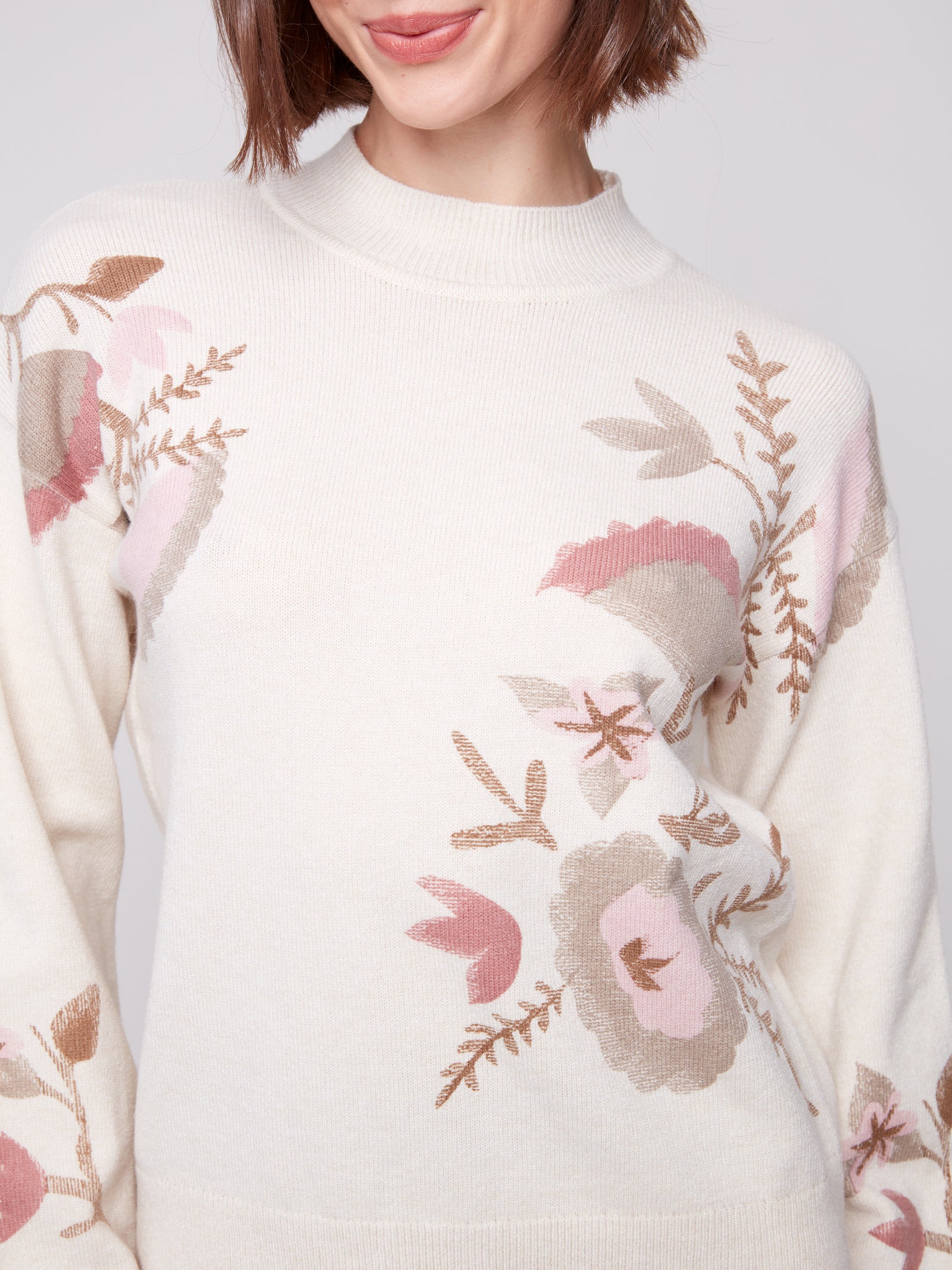 Charlie B Mock Neck Sweater with Floral Print  C2689-P357  Natural