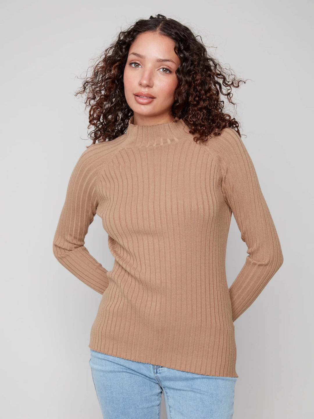Charlie B Basic Ribbed Knit Mock Neck Sweater  C2457RP-610  Truffle