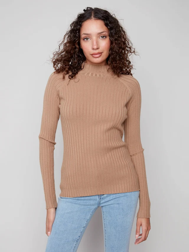 Charlie B Basic Ribbed Knit Mock Neck Sweater  C2457RP-610  Truffle