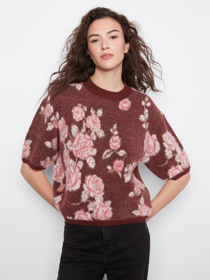 Charlie B Elbow Sleeve Balloon Shape Jacquard Sweater  C2858J-PP423 Rosette