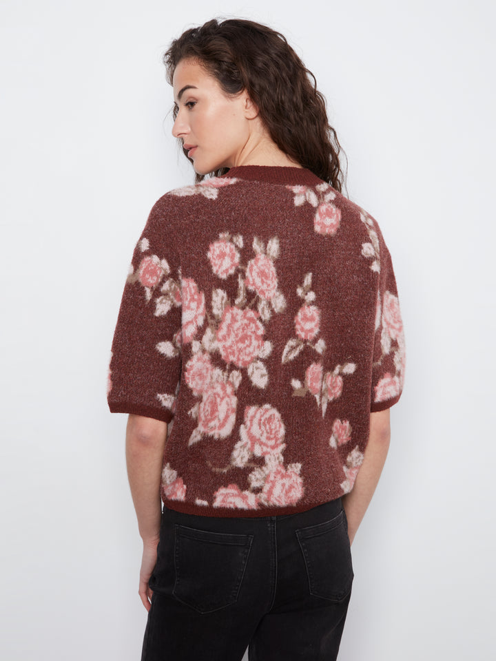 Charlie B Elbow Sleeve Balloon Shape Jacquard Sweater  C2858J-PP423 Rosette