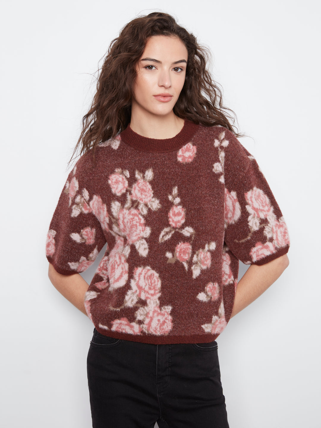 Charlie B Elbow Sleeve Balloon Shape Jacquard Sweater  C2858J-PP423 Rosette