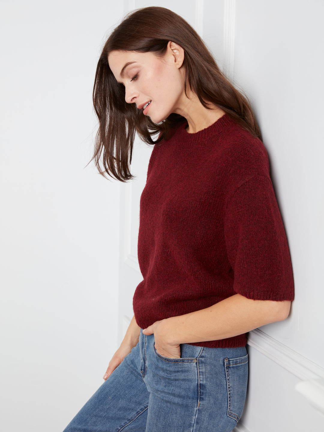Charlie B Elbow Sleeve Balloon Shape Sweater  C2858R-091  Heather Merlot