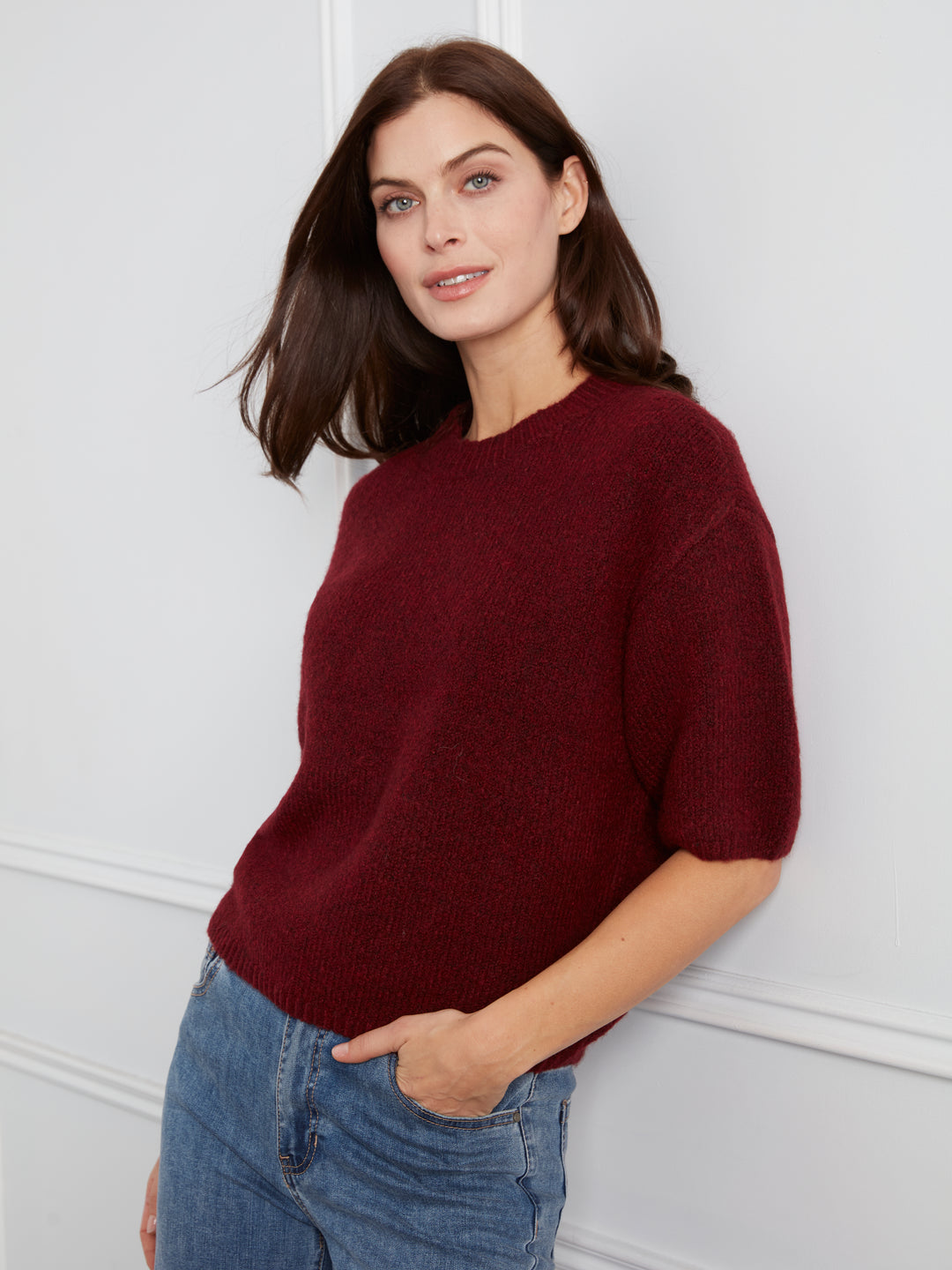 Charlie B Elbow Sleeve Balloon Shape Sweater  C2858R-091  Heather Merlot