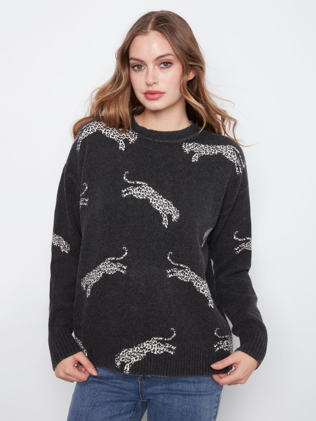 Charlie B Drop Shoulder Crew Neck Printed Sweater  C2906R-P471  Wildcat