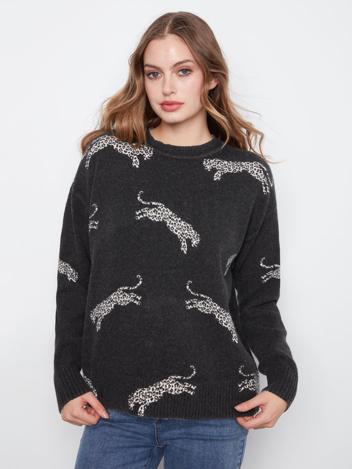 Charlie B Drop Shoulder Crew Neck Printed Sweater  C2906R-P471  Wildcat