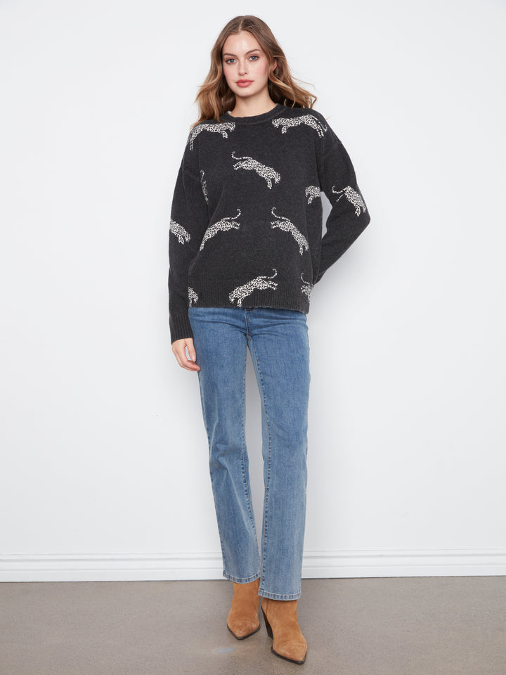 Charlie B Drop Shoulder Crew Neck Printed Sweater  C2906R-P471  Wildcat