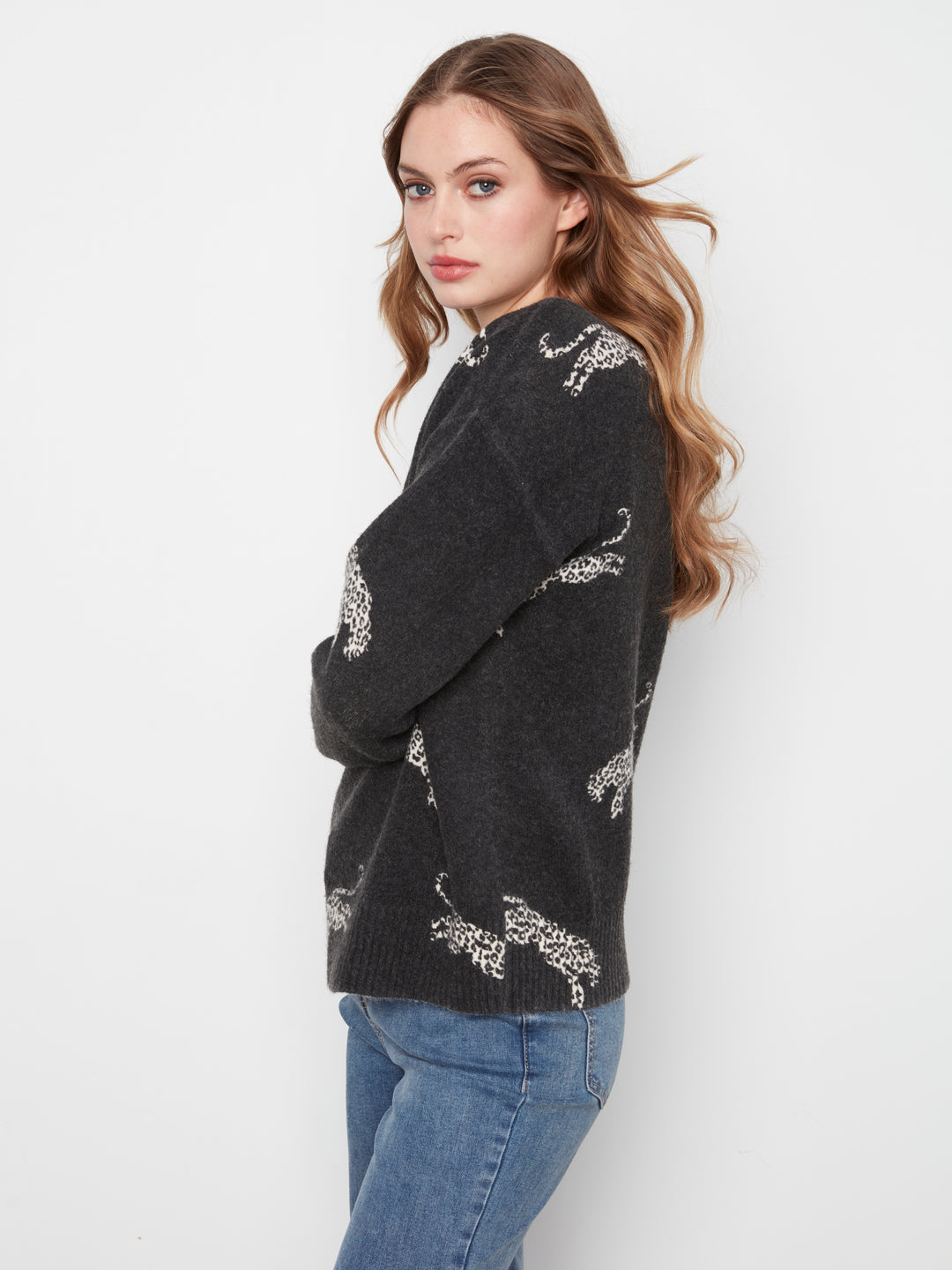 Charlie B Drop Shoulder Crew Neck Printed Sweater  C2906R-P471  Wildcat