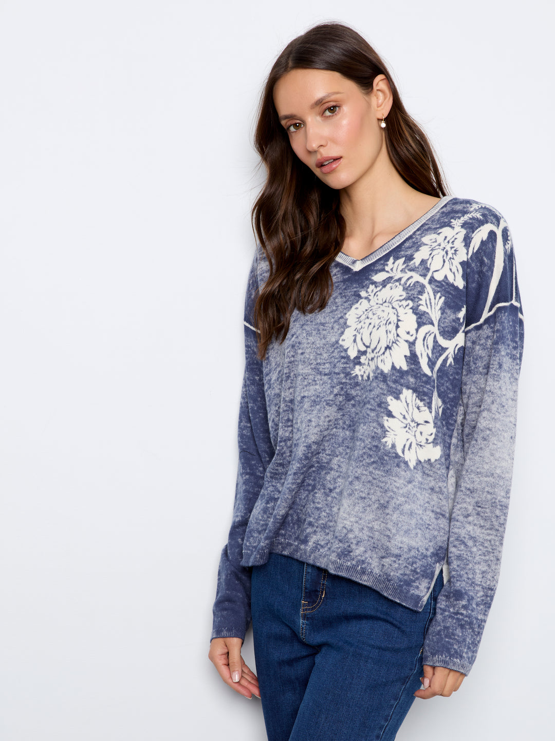Charlie B Drop Shoulder Reversible Sweater  C2907P-P402 Flowers