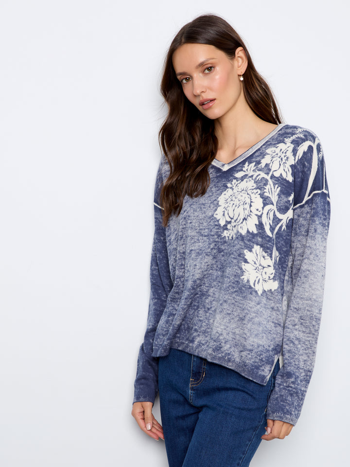 Charlie B Drop Shoulder Reversible Sweater  C2907P-P402 Flowers