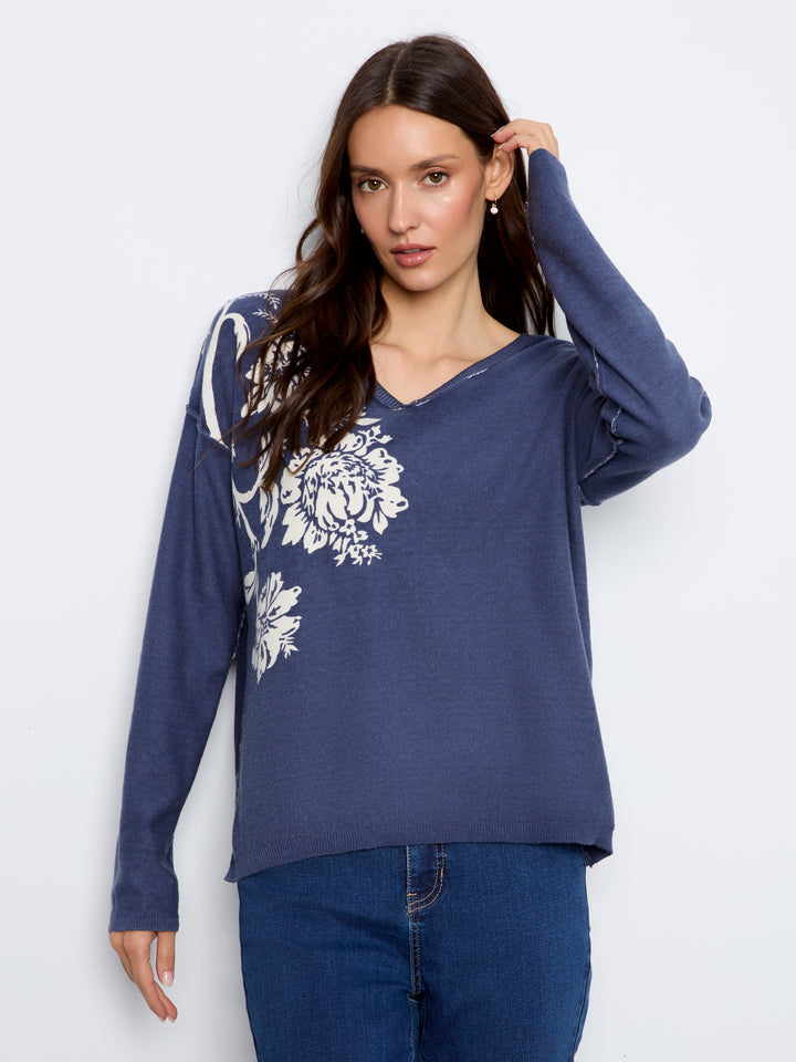 Charlie B Drop Shoulder Reversible Sweater  C2907P-P402 Flowers